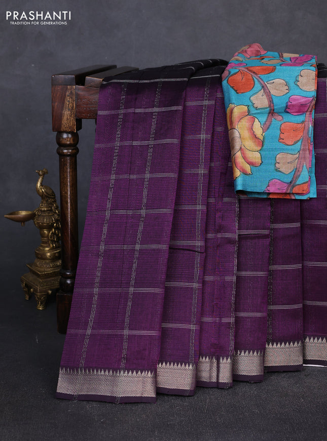 Mangalgiri silk cotton saree deep purple and teal green with allover silver zari checked pattern and temple design silver zari woven border