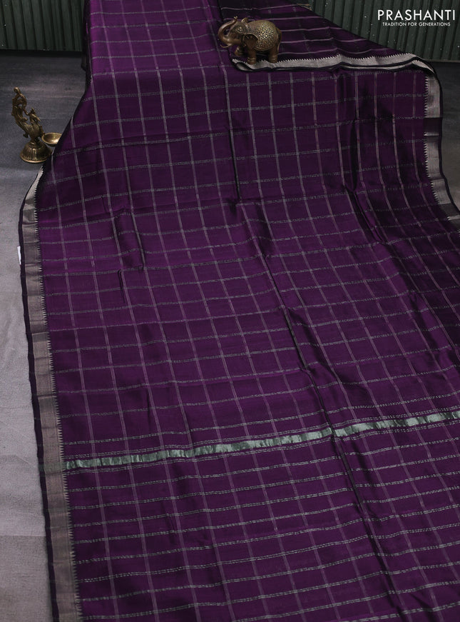 Mangalgiri silk cotton saree deep purple and teal green with allover silver zari checked pattern and temple design silver zari woven border