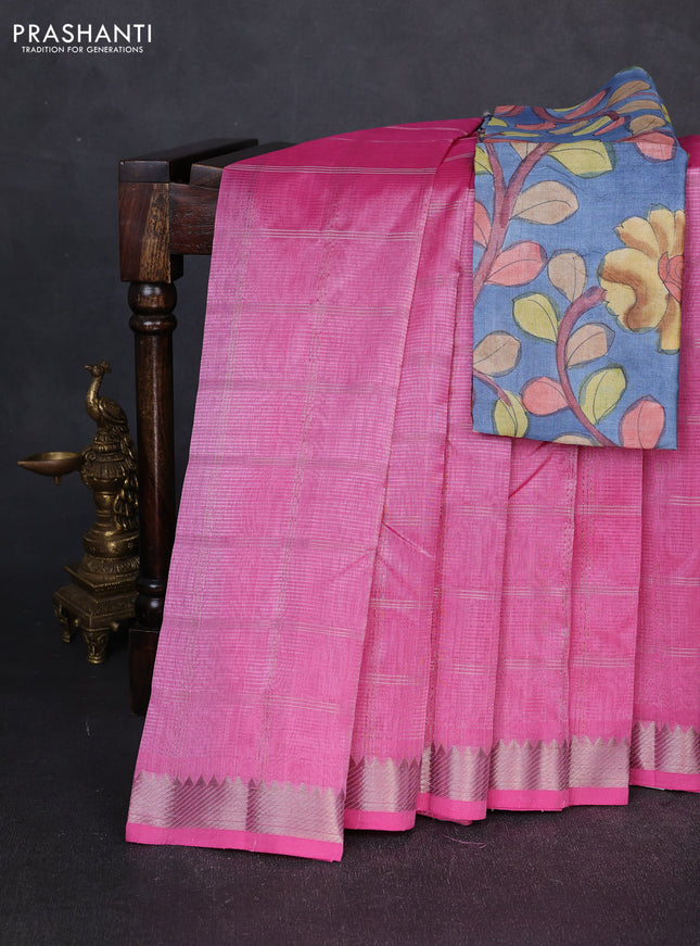 Mangalgiri silk cotton saree pink and bluish grey with allover silver zari checked pattern and temple design silver zari woven border