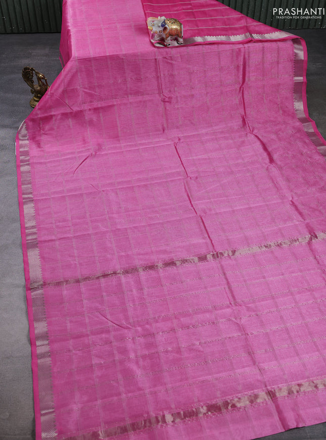 Mangalgiri silk cotton saree pink and bluish grey with allover silver zari checked pattern and temple design silver zari woven border