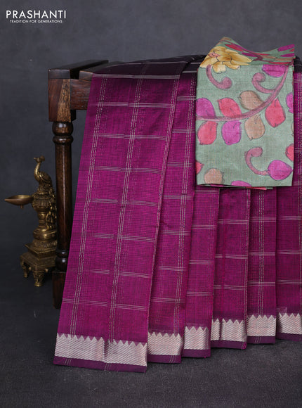 Mangalgiri silk cotton saree purple and green shade with allover silver zari checked pattern and temple design silver zari woven border