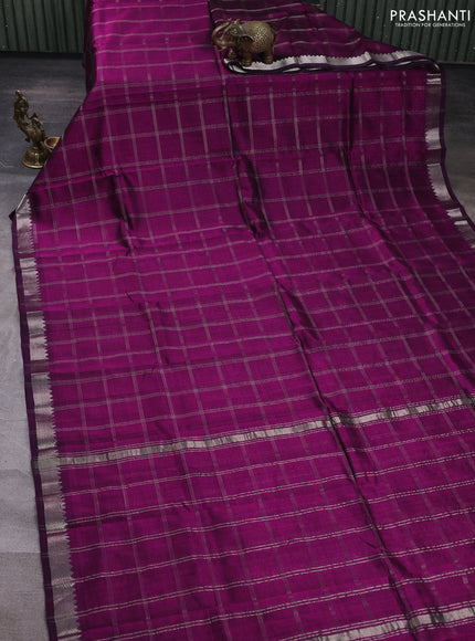 Mangalgiri silk cotton saree purple and green shade with allover silver zari checked pattern and temple design silver zari woven border