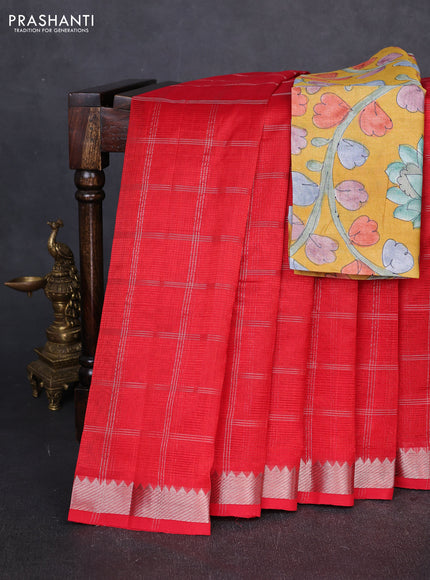 Mangalgiri silk cotton saree red and mustard yellow with allover silver zari checked pattern and temple design silver zari woven border