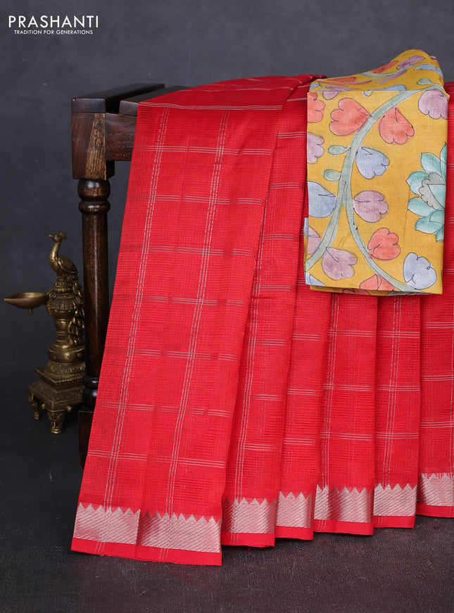 Mangalgiri silk cotton saree red and mustard yellow with allover silver zari checked pattern and temple design silver zari woven border