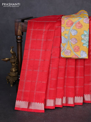 Mangalgiri silk cotton saree red and mustard yellow with allover silver zari checked pattern and temple design silver zari woven border