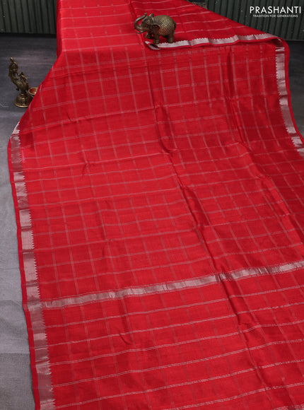 Mangalgiri silk cotton saree red and mustard yellow with allover silver zari checked pattern and temple design silver zari woven border