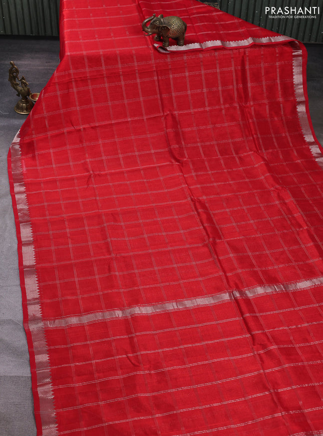 Mangalgiri silk cotton saree red and mustard yellow with allover silver zari checked pattern and temple design silver zari woven border