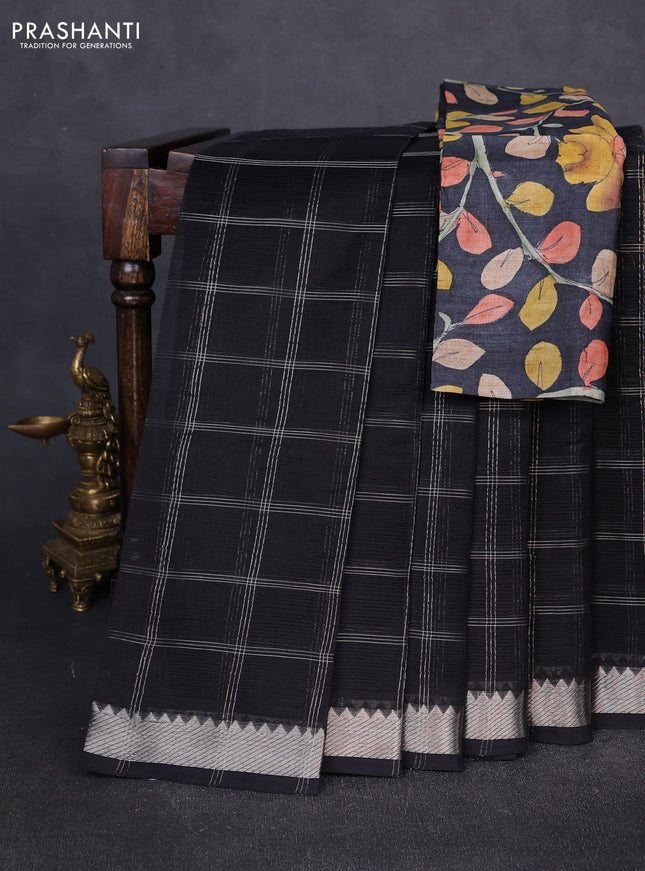 Mangalgiri silk cotton saree black and elephant grey with allover silver zari checked pattern and temple design silver zari woven border
