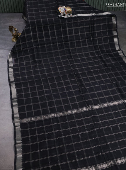 Mangalgiri silk cotton saree black and elephant grey with allover silver zari checked pattern and temple design silver zari woven border