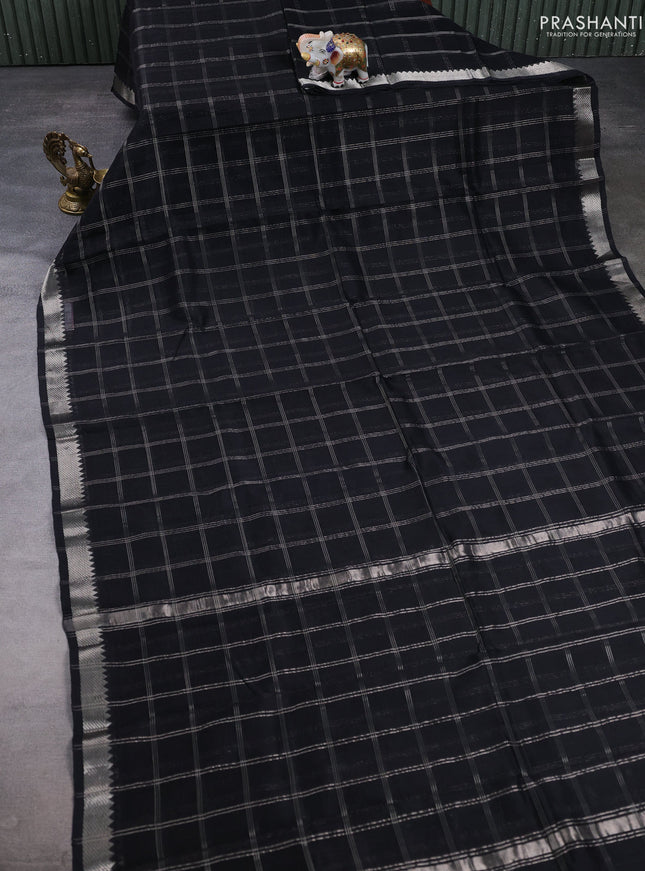 Mangalgiri silk cotton saree black and elephant grey with allover silver zari checked pattern and temple design silver zari woven border