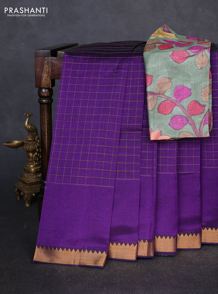 Mangalgiri silk cotton saree purple and green shade with allover zari checked pattern and temple design zari woven border