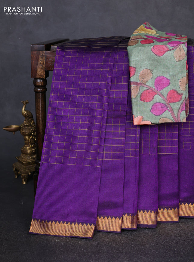 Mangalgiri silk cotton saree purple and green shade with allover zari checked pattern and temple design zari woven border
