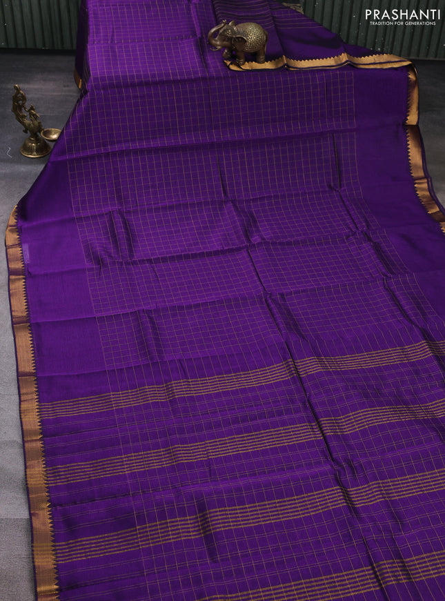 Mangalgiri silk cotton saree purple and green shade with allover zari checked pattern and temple design zari woven border