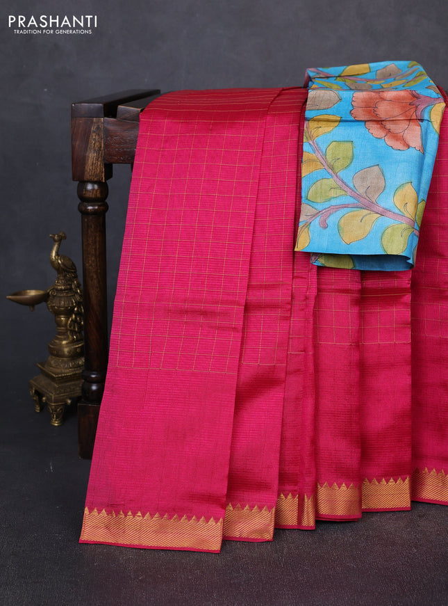 Mangalgiri silk cotton saree pink and blue with allover zari checked pattern and temple design zari woven border