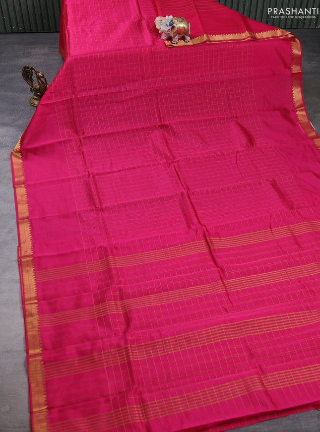 Mangalgiri silk cotton saree pink and blue with allover zari checked pattern and temple design zari woven border