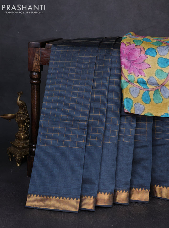 Mangalgiri silk cotton saree peacock blue and mustard yellow with allover zari checked pattern and temple design zari woven border