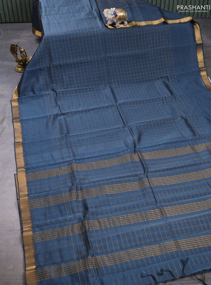 Mangalgiri silk cotton saree peacock blue and mustard yellow with allover zari checked pattern and temple design zari woven border