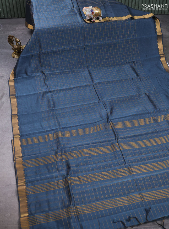Mangalgiri silk cotton saree peacock blue and mustard yellow with allover zari checked pattern and temple design zari woven border