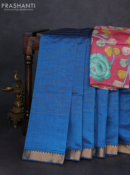 Mangalgiri silk cotton saree cs blue and maroon shade with allover zari checked pattern and temple design zari woven border