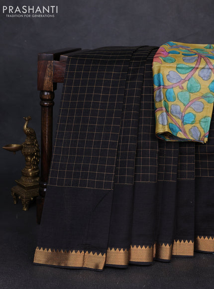 Mangalgiri silk cotton saree black and mustard yellow with allover zari checked pattern and temple design zari woven border