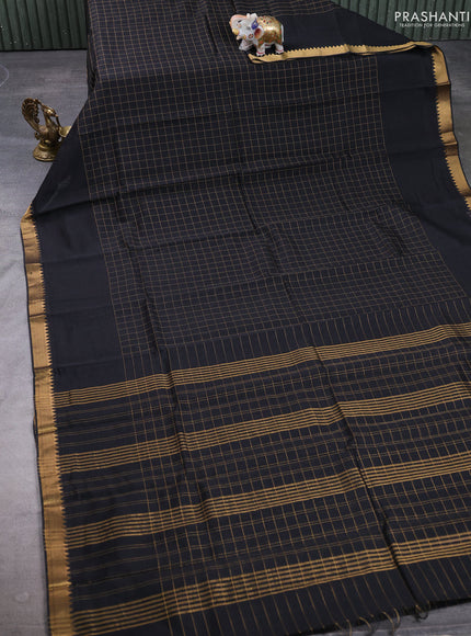 Mangalgiri silk cotton saree black and mustard yellow with allover zari checked pattern and temple design zari woven border