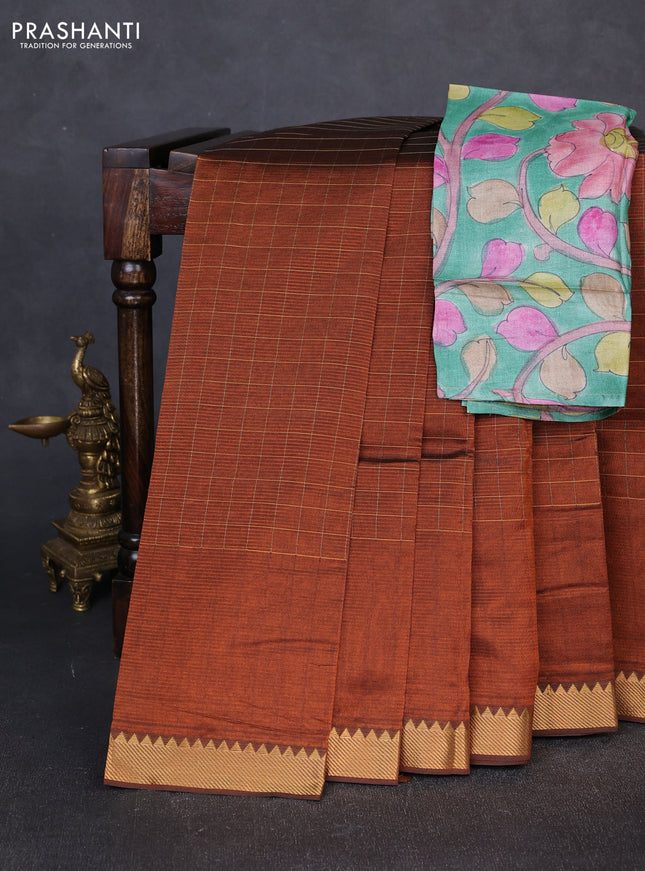 Mangalgiri silk cotton saree rust shade and teal green with allover zari checked pattern and temple design zari woven border