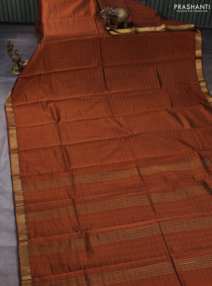 Mangalgiri silk cotton saree rust shade and teal green with allover zari checked pattern and temple design zari woven border