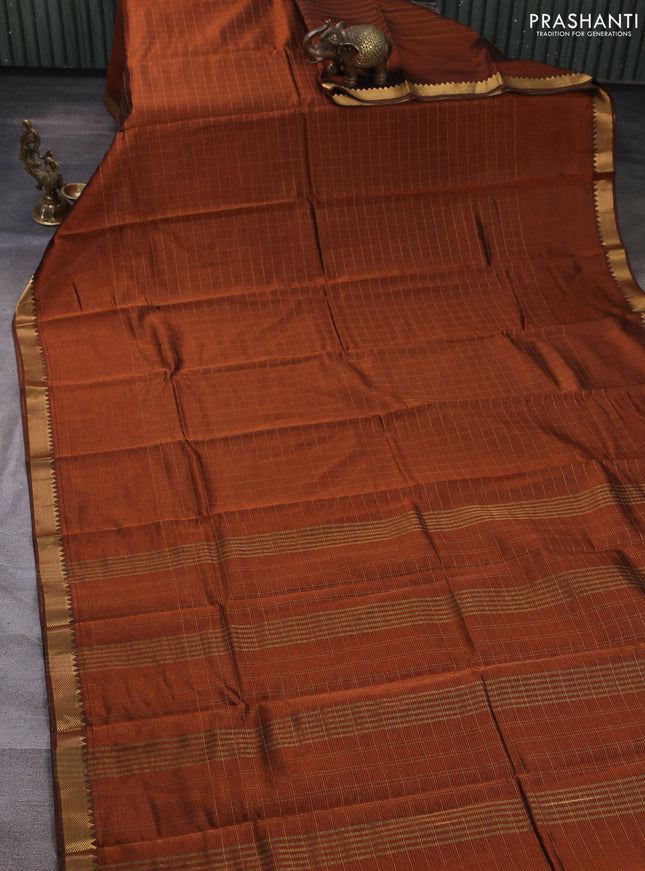 Mangalgiri silk cotton saree rust shade and teal green with allover zari checked pattern and temple design zari woven border