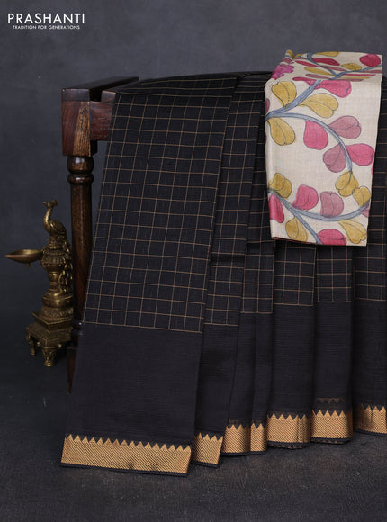 Mangalgiri silk cotton saree black and beige with allover zari checked pattern and temple design zari woven border