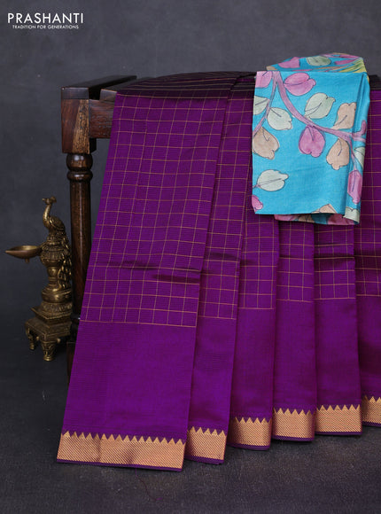 Mangalgiri silk cotton saree purple and blue with allover zari checked pattern and temple design zari woven border