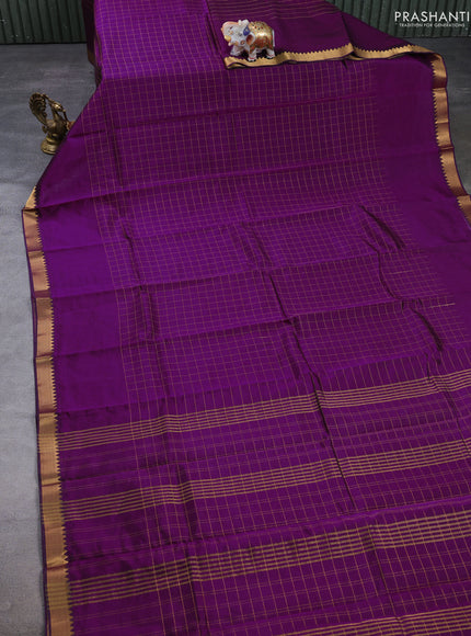Mangalgiri silk cotton saree purple and blue with allover zari checked pattern and temple design zari woven border