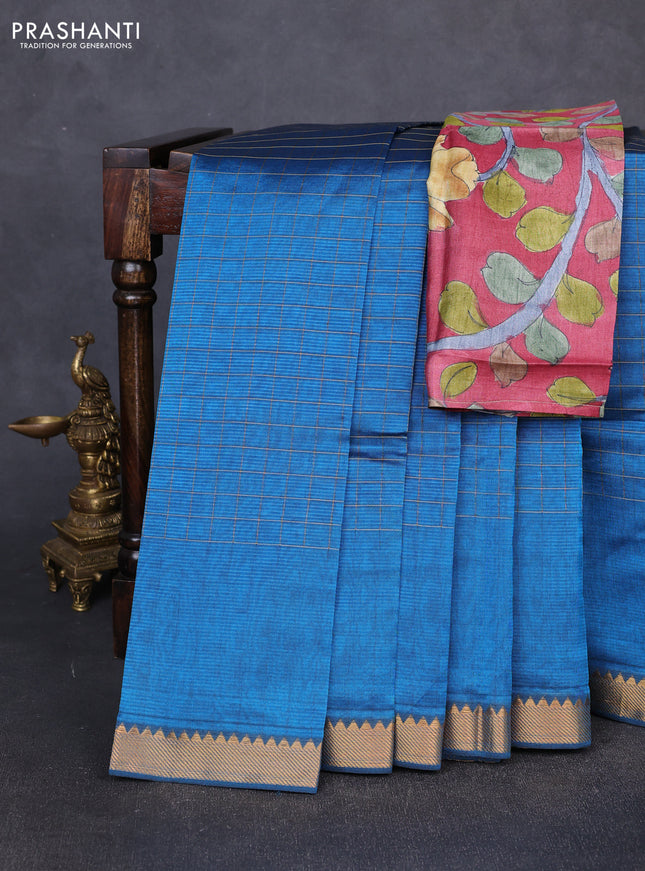 Mangalgiri silk cotton saree peacock blue and maroon shade with allover zari checked pattern and temple design zari woven border