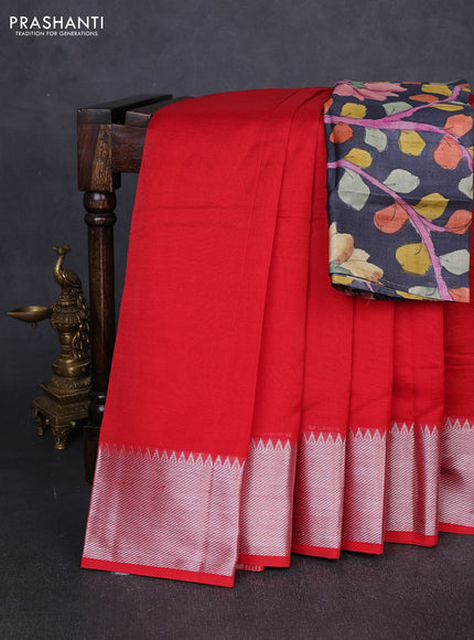 Mangalgiri silk cotton saree red and dark grey with plain body and temple design silver zari woven border
