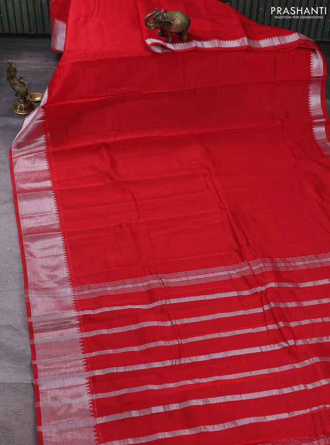 Mangalgiri silk cotton saree red and dark grey with plain body and temple design silver zari woven border