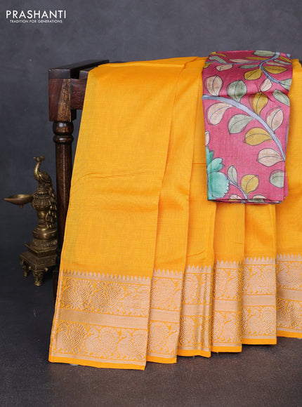 Mangalgiri silk cotton saree mustard yellow and maroon shade with plain body and temple design silver zari woven border