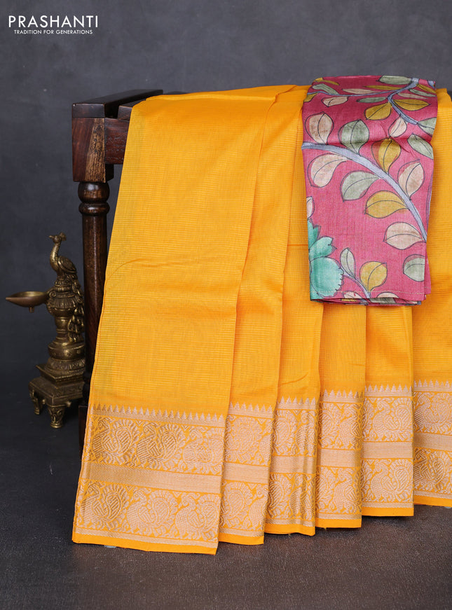 Mangalgiri silk cotton saree mustard yellow and maroon shade with plain body and temple design silver zari woven border