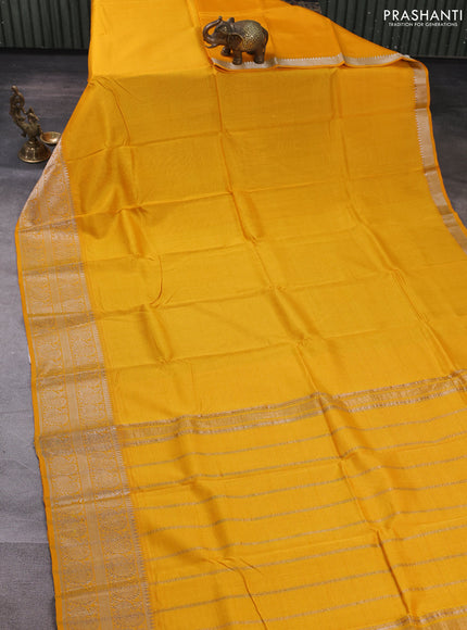 Mangalgiri silk cotton saree mustard yellow and maroon shade with plain body and temple design silver zari woven border