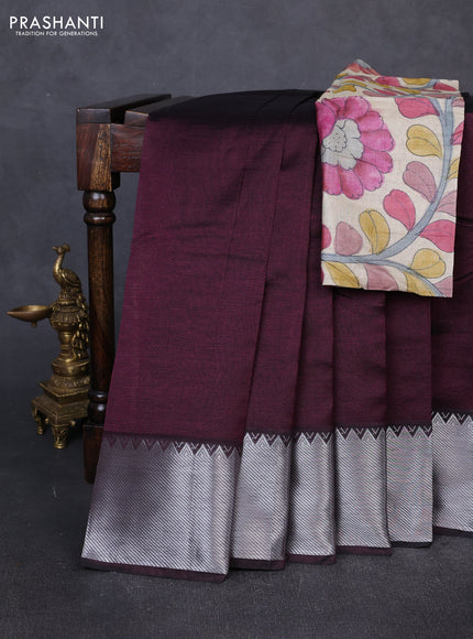 Mangalgiri silk cotton saree deep wine and beige with plain body and temple design silver zari woven border