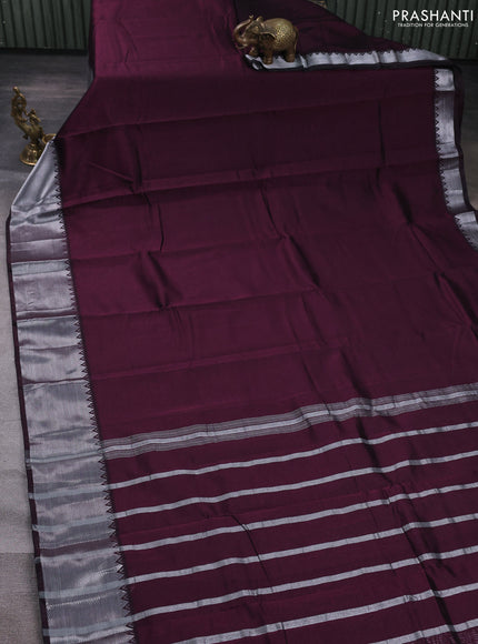 Mangalgiri silk cotton saree deep wine and beige with plain body and temple design silver zari woven border