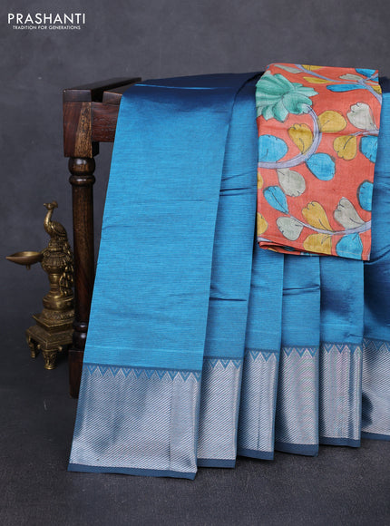 Mangalgiri silk cotton saree light blue and orange with plain body and temple design silver zari woven border