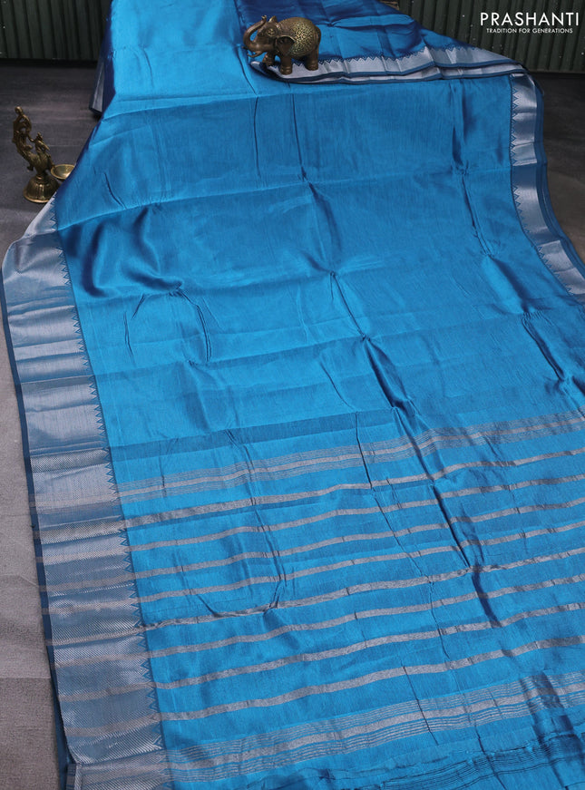 Mangalgiri silk cotton saree light blue and orange with plain body and temple design silver zari woven border