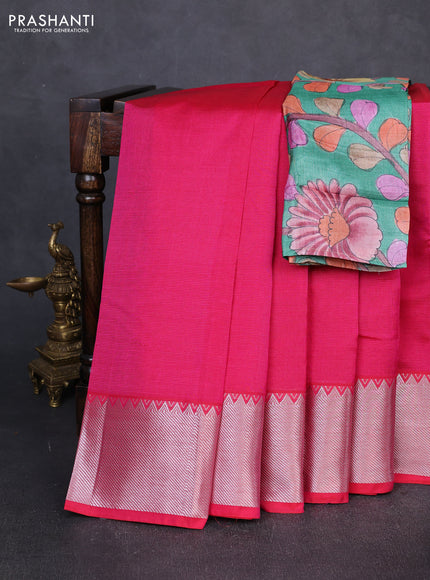 Mangalgiri silk cotton saree pink and green with plain body and temple design silver zari woven border