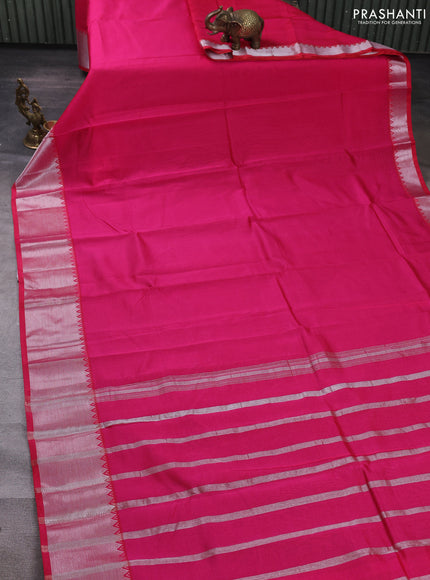 Mangalgiri silk cotton saree pink and green with plain body and temple design silver zari woven border