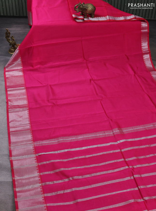 Mangalgiri silk cotton saree pink and green with plain body and temple design silver zari woven border