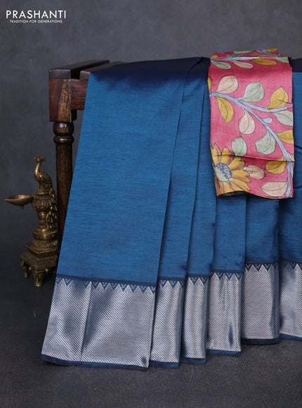 Mangalgiri silk cotton saree peacock blue and pink shade with plain body and temple design silver zari woven border