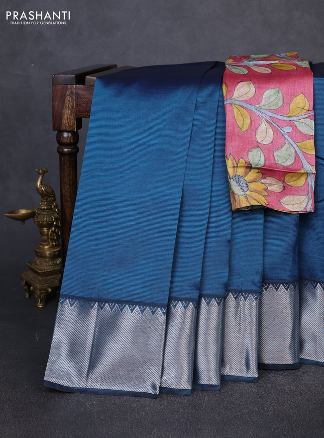 Mangalgiri silk cotton saree peacock blue and pink shade with plain body and temple design silver zari woven border