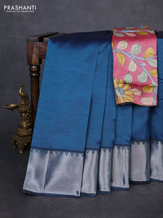 Mangalgiri silk cotton saree peacock blue and pink shade with plain body and temple design silver zari woven border