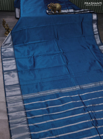 Mangalgiri silk cotton saree peacock blue and pink shade with plain body and temple design silver zari woven border