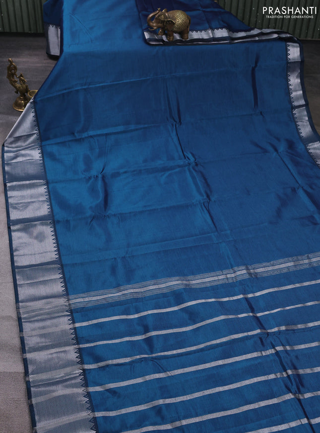 Mangalgiri silk cotton saree peacock blue and pink shade with plain body and temple design silver zari woven border