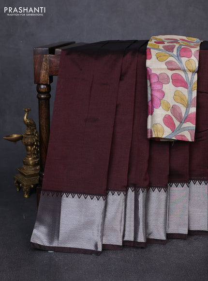 Mangalgiri silk cotton saree coffee brown and beige with plain body and temple design silver zari woven border